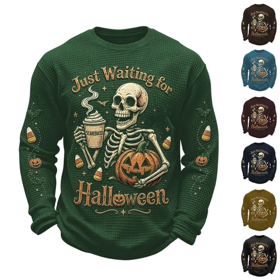 Mens Halloween Sweatshirts Funny Just Waiting for Halloween Skeleton Pumpkin Printed Crewneck Long Sleeve Spooky Season Casual Pullover Sweatshirt, M