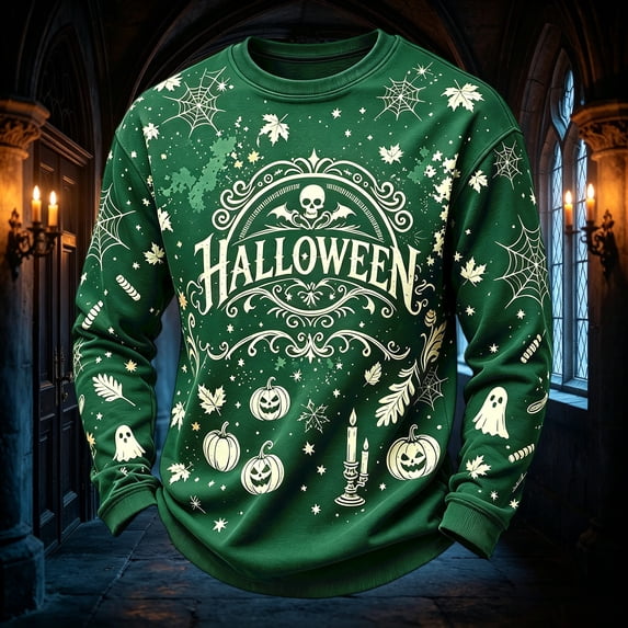 Mens Halloween Sweatshirts Pumpkin Skull Long Sleeve Spooky Sweatshirts Skeleton Spiderweb Crew Neck Horror Lightweight Sweatshirt, 2XL