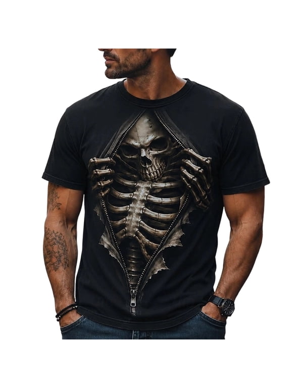 Mens Halloween T Shirt Skeleton Print Short Sleeve Crew Neck Tee Casual Loose Fit Fall Tops