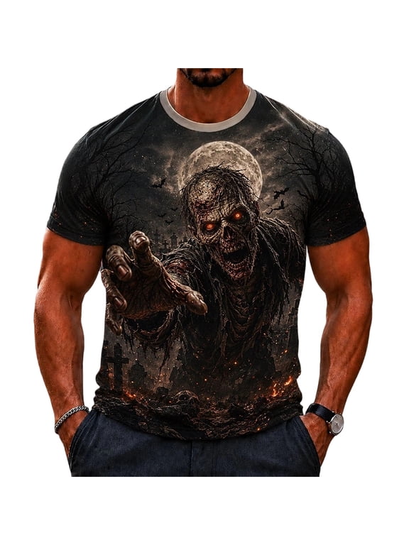 Mens Halloween T Shirt Skeleton Print Short Sleeve Crew Neck Tee Casual Loose Fit Fall Tops