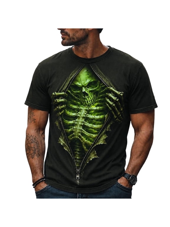Mens Halloween T Shirt Skeleton Print Short Sleeve Crew Neck Tee Casual Loose Fit Fall Tops