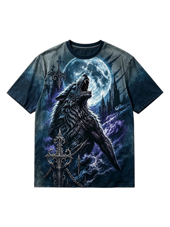 Mens Halloween T Shirt Wolf Graphic Crewneck Short Sleeve Tee Womens Casual Tops