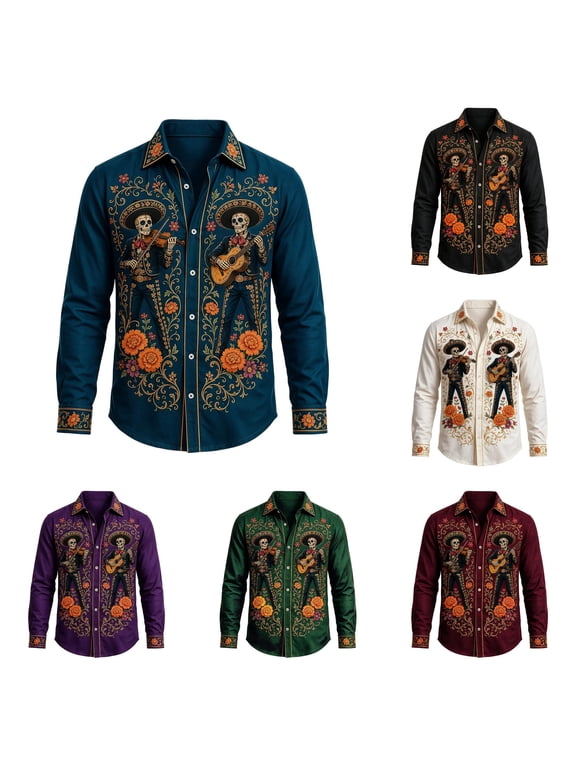 Mens Halloween T-Shirts Men Day Of The Dead Shirt Long Sleeve Halloween Mexican Floral Button Down Casual Party Shirts for Guys