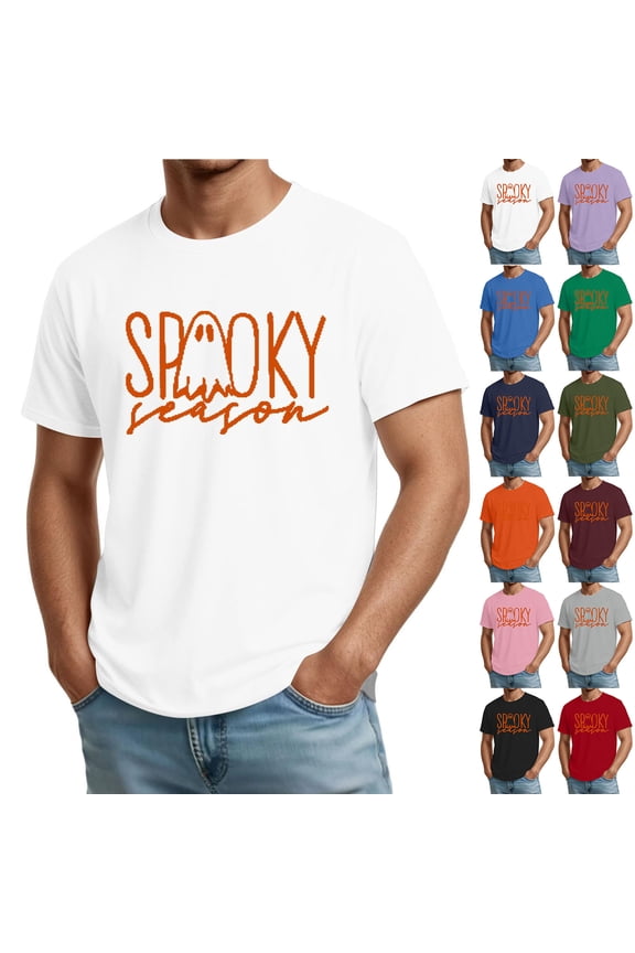 Mens Halloween Tops Spooky Ghost Print Halloween Shirts Round Neck Short Sleeve Holiday Halloween Tee Tops
