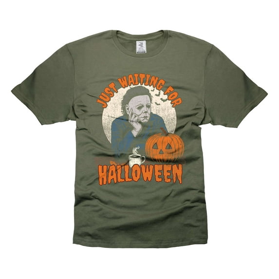 Mens Halloween t-shirt Michael Myers Shirt Serial Killer Tee Shirt Just Waiting For Halloween Shirt (Large Military Green)