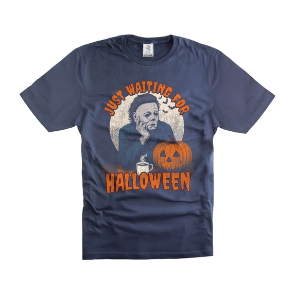 Mens Halloween t-shirt Michael Myers Shirt Serial Killer Tee Shirt Just Waiting For Halloween Shirt (Small Navy Blue)