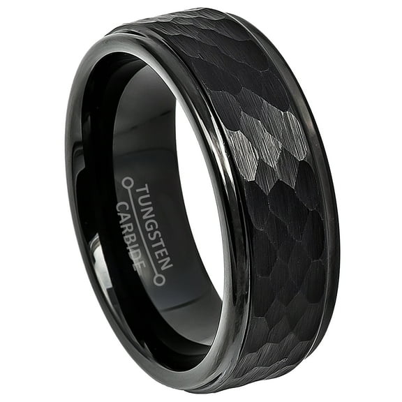 Mens Hammered Black Finish Tungsten Wedding Band, Black IP Tungsten Carbide Anniversary Ring JATN614Ns15