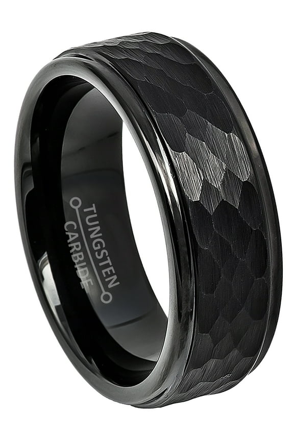 Mens Hammered Black Finish Tungsten Wedding Band, Black IP Tungsten Carbide Anniversary Ring JATN614Ns15