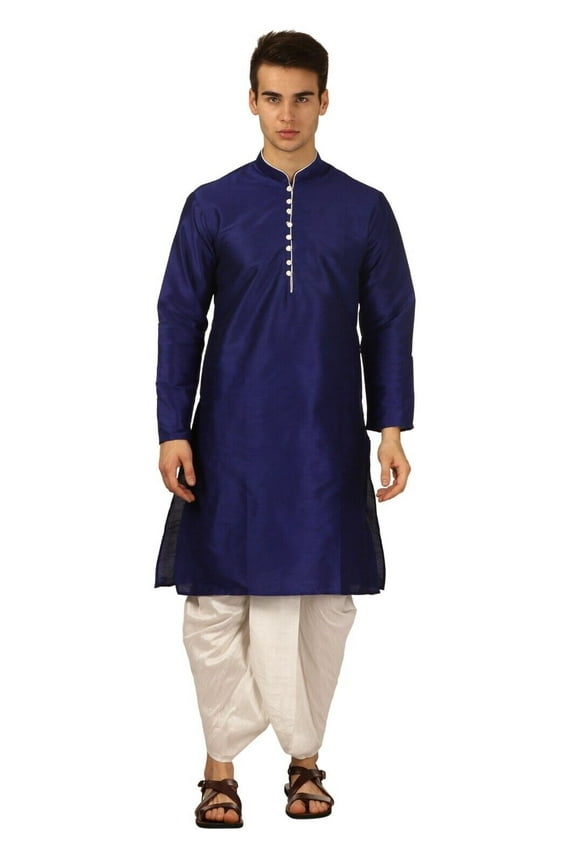 Mens Handmade Art Silk Loop Button Designer Kurta Dhoti Set/Mens Indian Sherwani