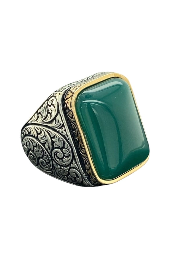 Mens Handmade Emerald Stone Ring Green Stone Ring Ottoman Style Men Ring Gift for Him 925k Sterling Silver Ring || Ali Baba Jewellery