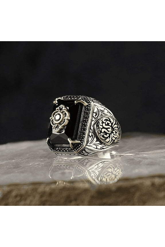 Mens Handmade Turkish Signet Ring Ancient Silver Color Carved Eagle Ring Black Onyx Size 6 - 13