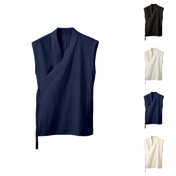 Mens Hanten Kimono Cardigan Cotton Linen Wrap Front Retro Hanfu Sleeveless Shirt Tank Tops