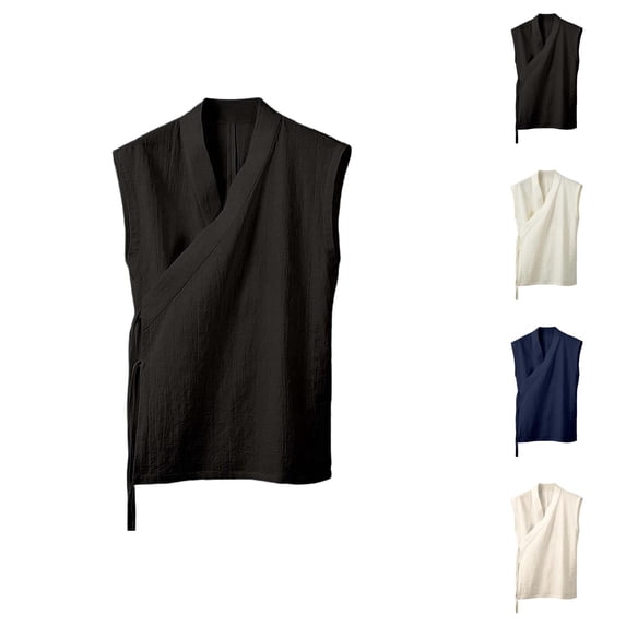 Mens Hanten Kimono Cardigan Cotton Linen Wrap Front Retro Hanfu Sleeveless Shirt Tank Tops