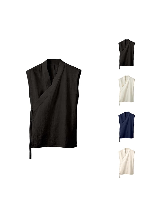 Mens Hanten Kimono Cardigan Cotton Linen Wrap Front Retro Hanfu Sleeveless Shirt Tank Tops