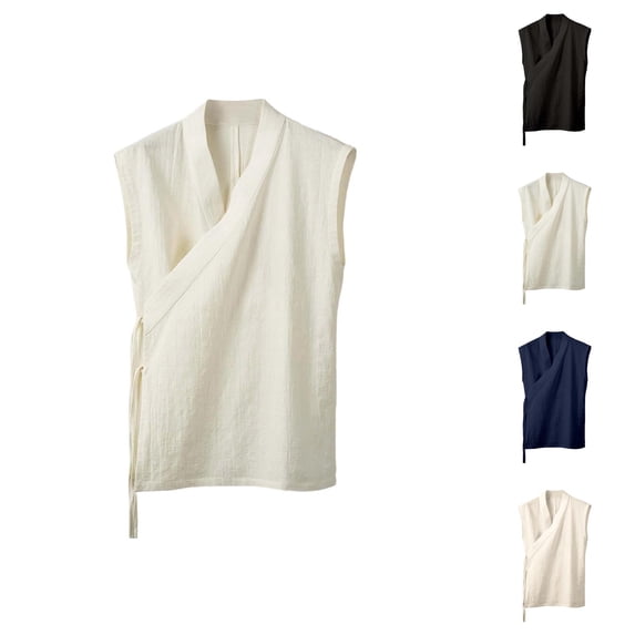 Mens Hanten Kimono Cardigan Cotton Linen Wrap Front Retro Hanfu Sleeveless Shirt Tank Tops