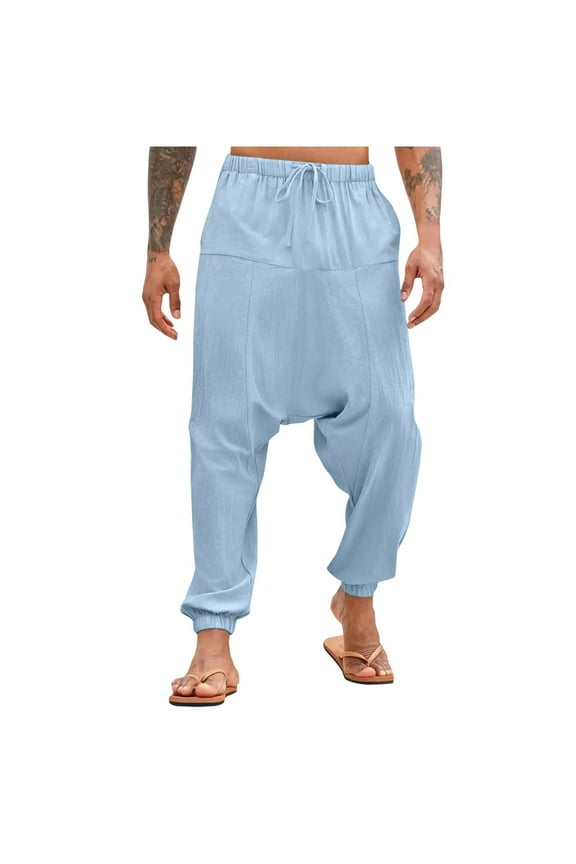 Mens Harem Pants Baggy Hippie Casual Elastic Waist Cotton Loose Boho Yoga Beach Drop Crotch Trouser Size 3XL Sky Blue