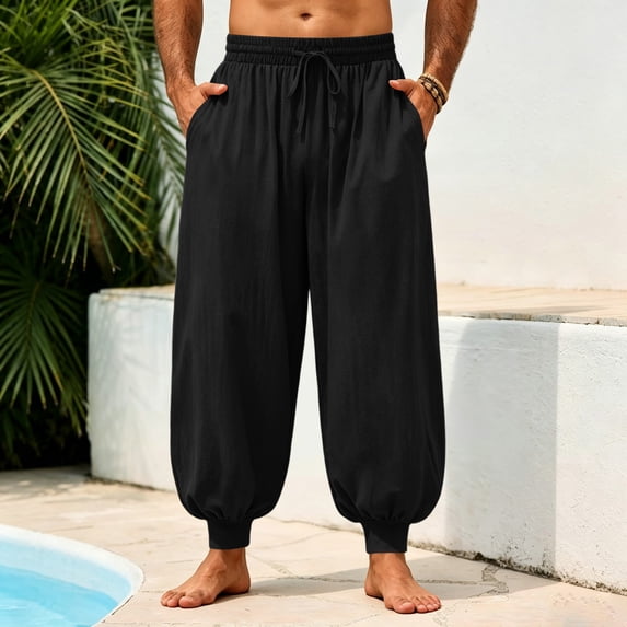 Mens Harem Pants Casual Elastic Waist Drawstring Baggy Hippie Trousers Linen Boho Yoga Beach Pants L