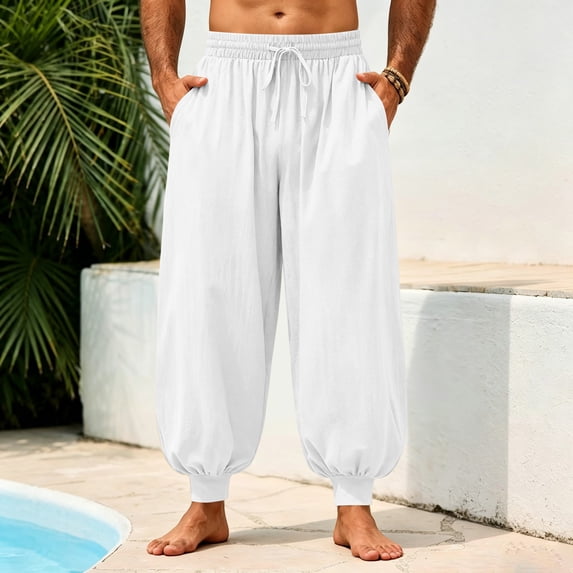 Mens Harem Pants Casual Elastic Waist Drawstring Baggy Hippie Trousers Linen Boho Yoga Beach Pants M