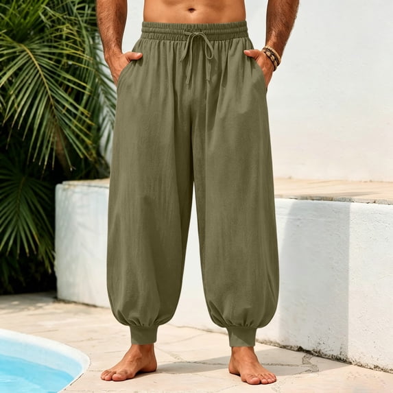 Mens Harem Pants Casual Elastic Waist Drawstring Baggy Hippie Trousers Linen Boho Yoga Beach Pants M