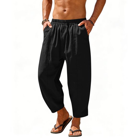 Mens Harem Pants Casual Elastic Waist Drawstring Cotton Cropped Baggy Hippie Boho Beach Yoga Trousers