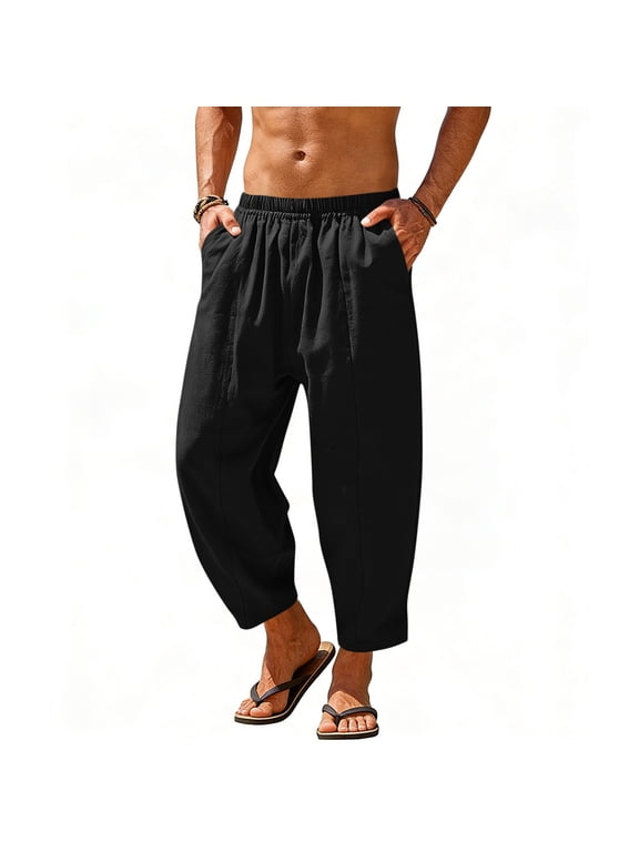 Mens Harem Pants Casual Elastic Waist Drawstring Cotton Cropped Baggy Hippie Boho Beach Yoga Trousers