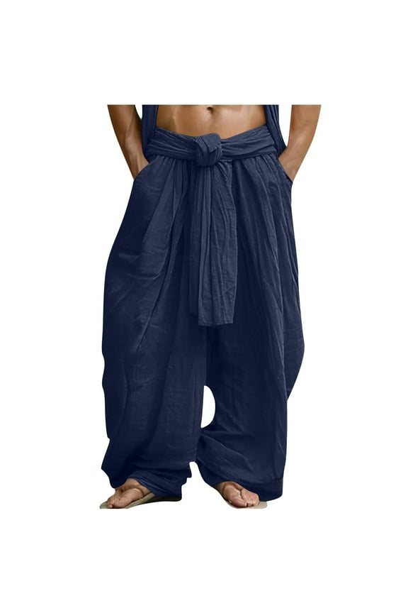 Mens Harem Pants Casual Lace Up Elastic Waist Pants Baggy Boho Yoga Hippie Summer Beach Kurta Dhoti Trousers