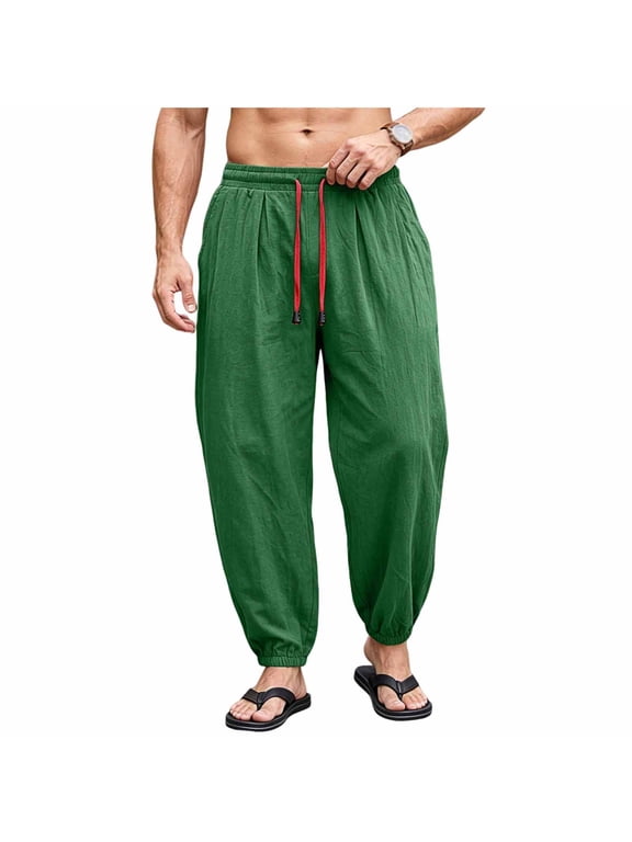 Mens Harem Pants Drop Crotch Cotton Pants Summer Causal Cinch Bottom Lounge Pants Elastic Waist Pant
