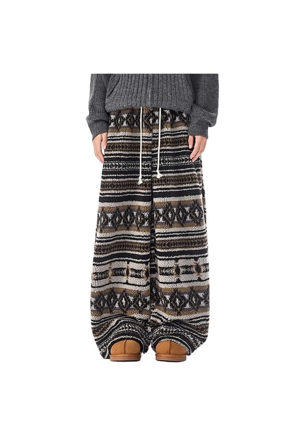 Mens Harem Pants Geometric Pattern Drawstring Retro Ethnic Straight Leg Men'S Jeans Autumn and Winter,Grey,L