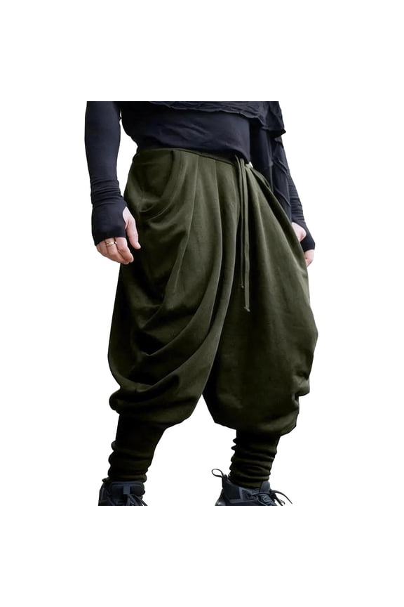 Mens Harem Pants Loose Fit Drawstring Elastic Waist Hippie Trousers Baggy Boho Vintage Drop Crotch Pant with Pockets Army Green XXL