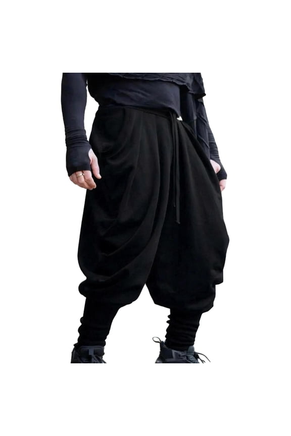 Mens Harem Pants Loose Fit Drawstring Elastic Waist Hippie Trousers Baggy Boho Vintage Drop Crotch Pant with Pockets Black M