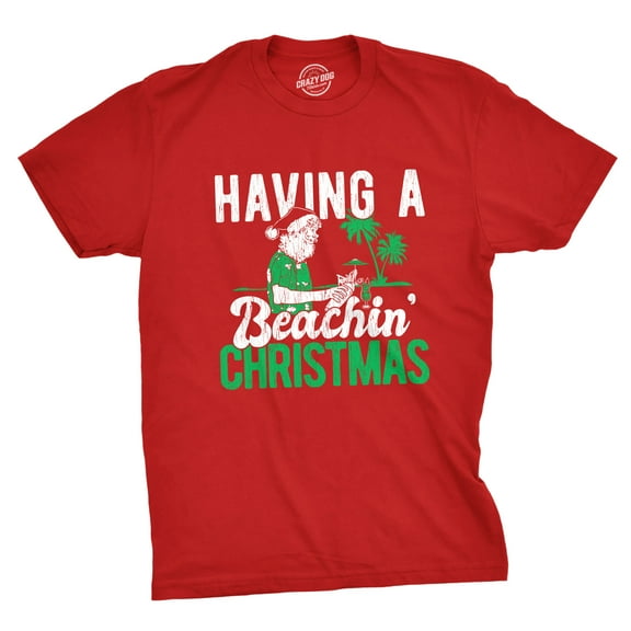 Mens Having A Beachin Christmas T Shirt Funny Santa Claus Cocktail Tee Graphic Tees