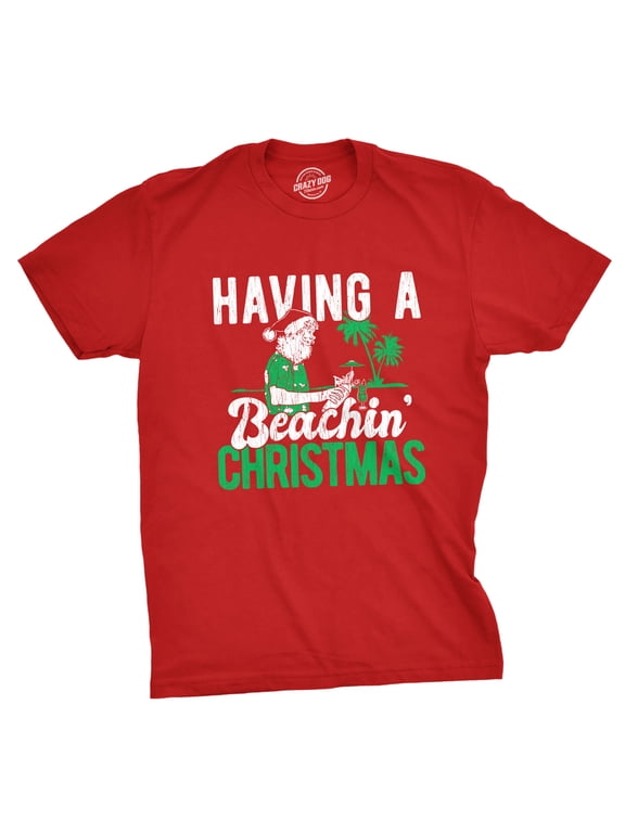 Mens Having A Beachin Christmas T Shirt Funny Santa Claus Cocktail Tee Graphic Tees