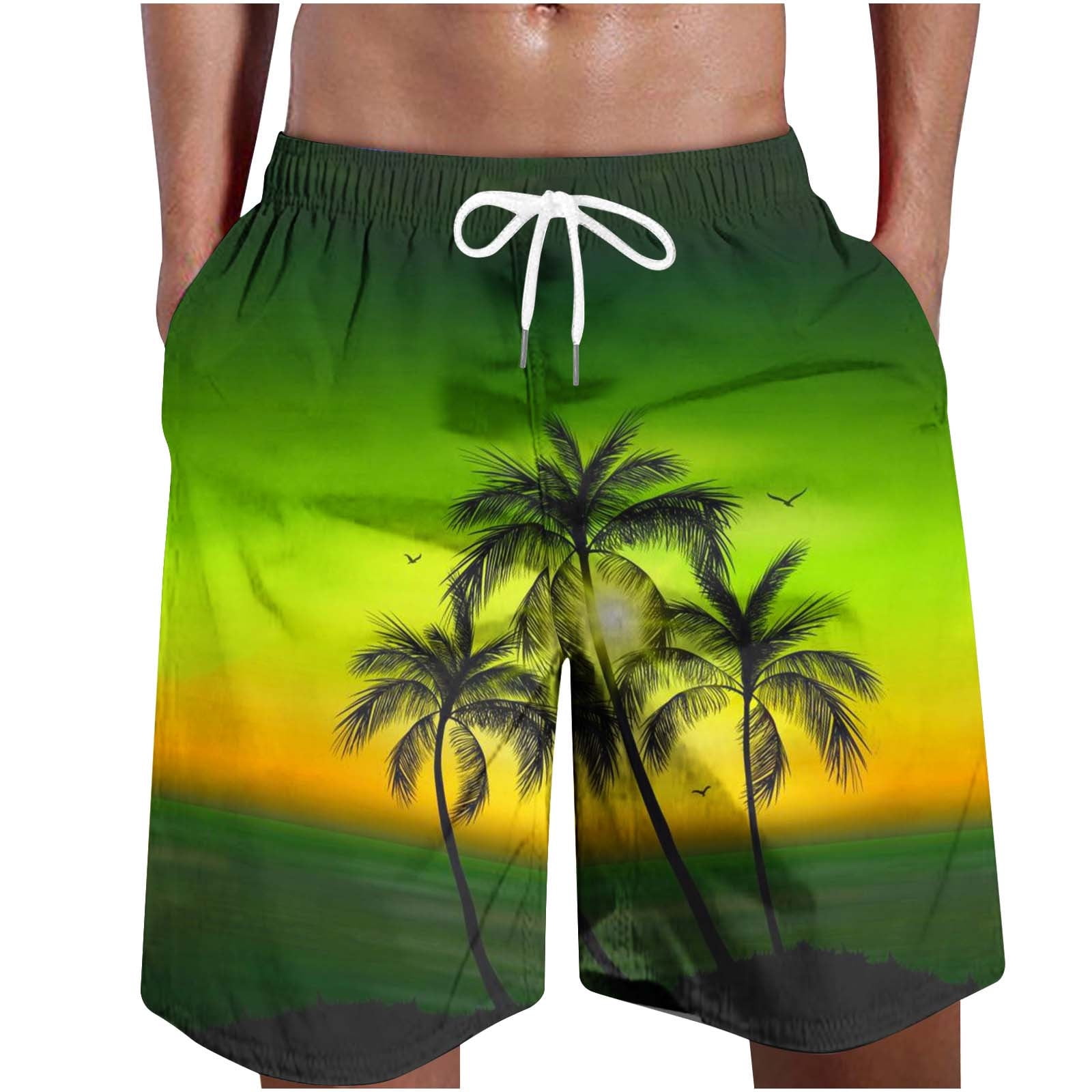 Mens Hawaiian Beach Shorts Coconut Tree Print Elastic Waist Drawstring ...