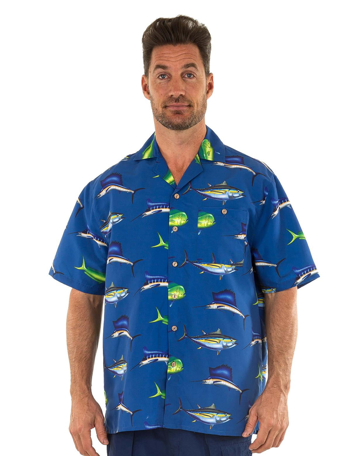 Mens Hawaiian Casual Button Down Short Sleeve Beach Party Shirt, Navy  Fishing, Size: Medium, Uzzi Active Wear