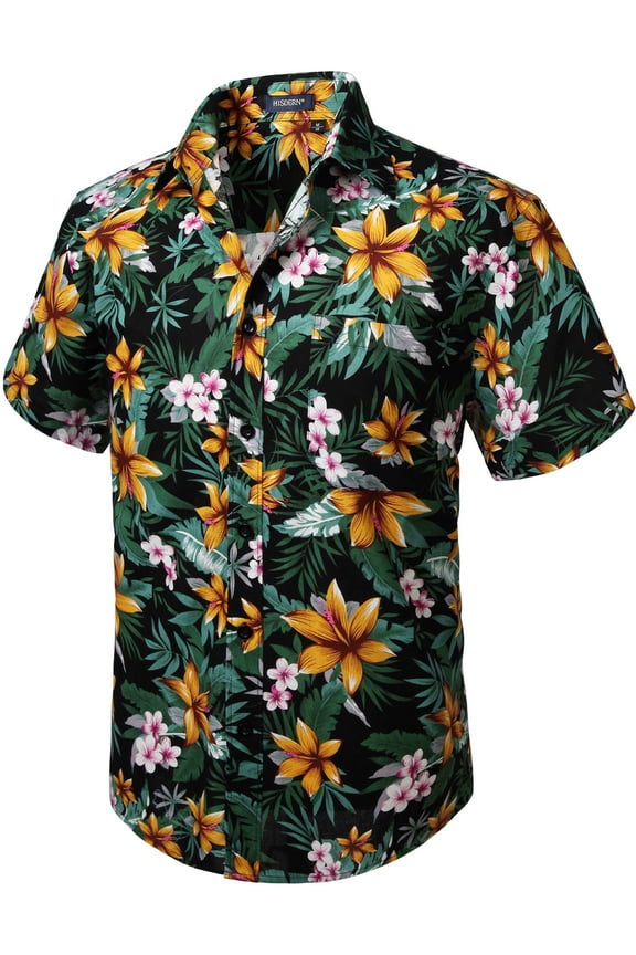 Mens Hawaiian Floral Shirts Beach Short Sleeve Shirt Casual Button Down Shirt Summer Black Golden M