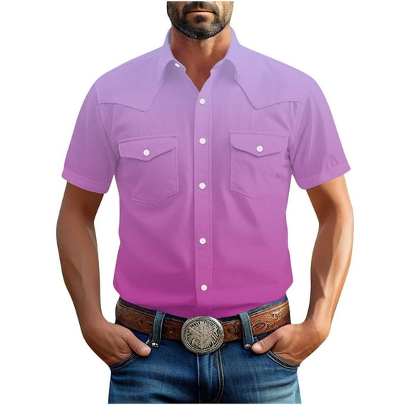 Mens Hawaiian Gradient Shirts Button Up Short Sleeve Beach Shirts Casual Turndown Collar Blouse Shirt