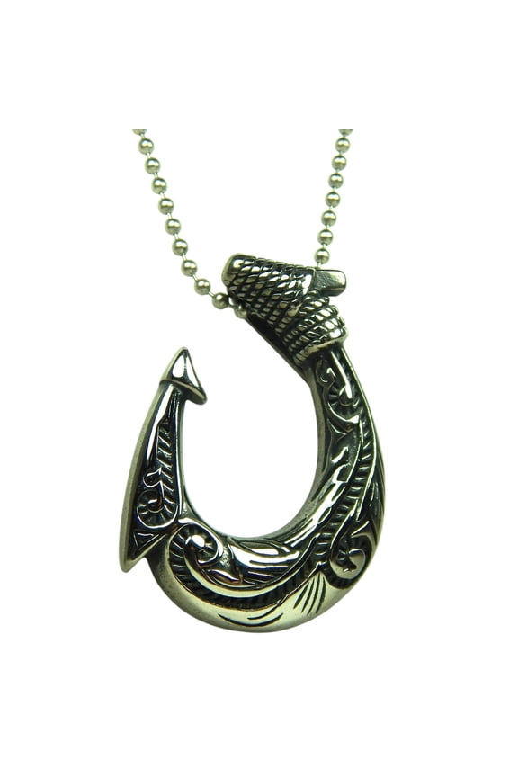 Mens Hawaiian Makau Tribal Hook Necklace 316L Stainless Steel Hei Matau Pendant Fantasy Forge Jewelry