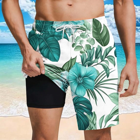 Mens Hawaiian Quick Dry Swim Trunks Drawstring Elastic Waist Tropical Print Double Layer Summer Beach Vacation Swim Shorts S-2XL