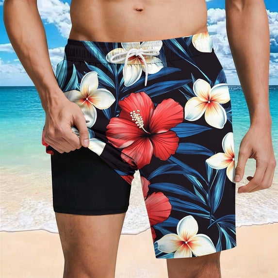 Mens Hawaiian Quick Dry Swim Trunks Drawstring Elastic Waist Tropical Print Double Layer Summer Beach Vacation Swim Shorts S-2XL