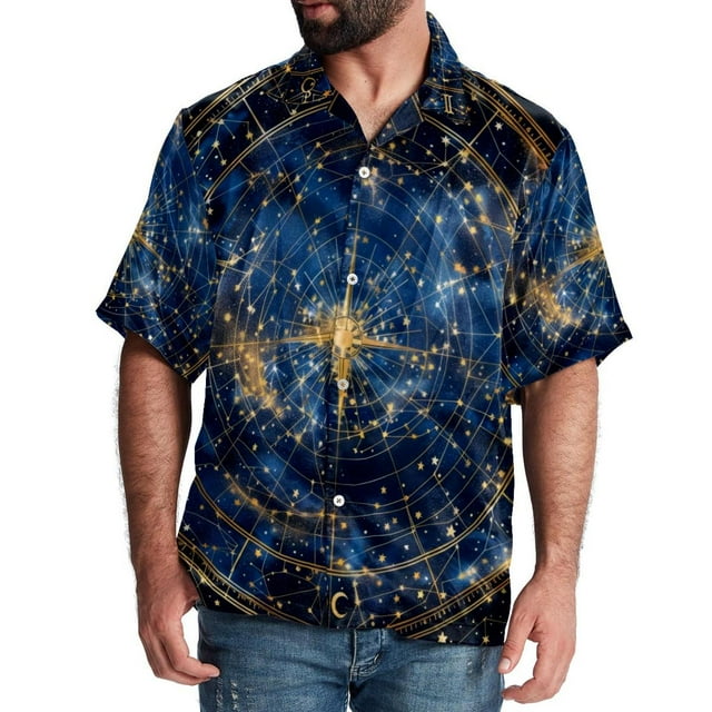 Mens Hawaiian Shirt Astrology Wheel with Zodiac Signs Button Down Short ...