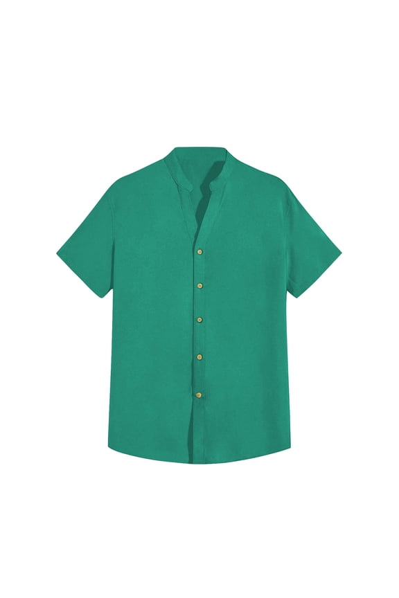 Mens Hawaiian Shirt Band Collar Short Sleeve Button Down Shirts Summer Beach Shirts Green