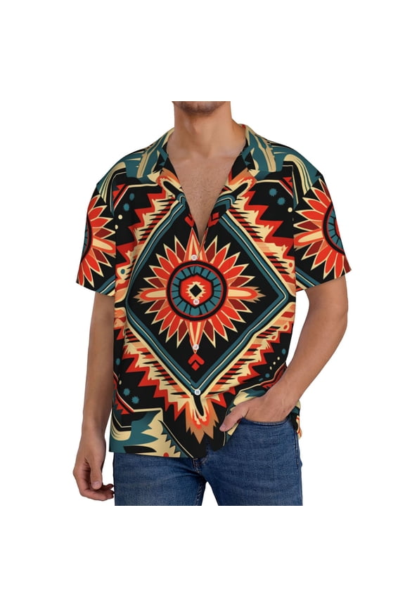 Mens Hawaiian Shirt Beach Tops Short Sleeve Vacation Clothes , Aztec Baja Western Native Southwest
