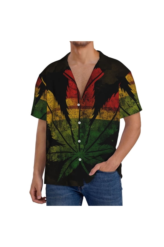 Mens Hawaiian Shirt Beach Tops Short Sleeve Vacation Clothes , Reggae Rasta Leaf Weed Vintage