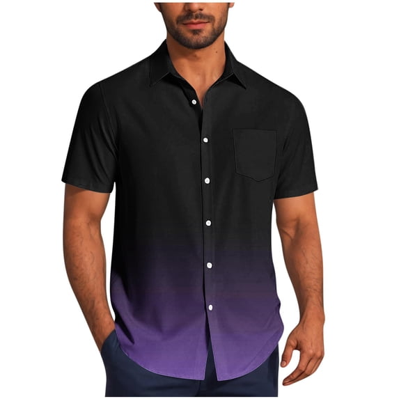 Mens Hawaiian Shirt Casual Ombre Color Button Down Tshirt Loose Fit Up Dress Shirts Golf Beach Travel