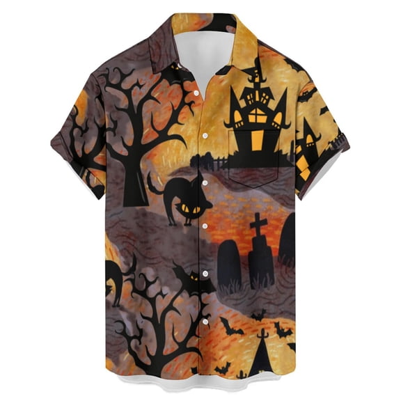 Mens Hawaiian Shirt Funny Button Fun Print Short Sleeve Spring Shirt Lightweight Casual Turn Down Collar Top Orange XXXXL