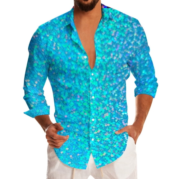 Mens Hawaiian Shirt Funny Button Spring Casual Long Sleeve Carnival Print Shirt Lightweight Turn Down Collar Top Sky Blue XL