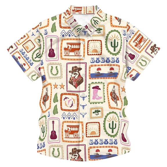 Mens Hawaiian Shirt Funny Button Spring Casual Shirt Short Sleeve Lightweight Print Collar Top Beige XXL