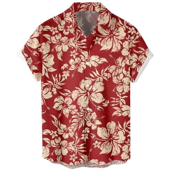 Mens Hawaiian Shirt Funny Button Spring Short Sleeve Shirt Lightweight Casual Turn Down Collar Top Red XXXXXXL