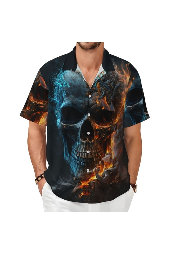 Mens Hawaiian Shirt Short Sleeve Button Down Casual Summer Beach, Burning Skull Head Death Fire Flaming
