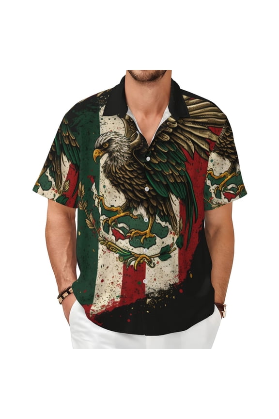 Mens Hawaiian Shirt Short Sleeve Button Down Casual Summer Beach, Eagle Flag Of Mexico Mexican Flags